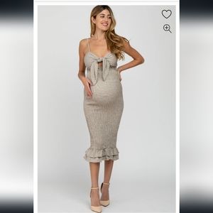 PINKBLUSH Mocha Gingham Print Smocked Fitted Self-Tie Maternity Midi Dress NWT